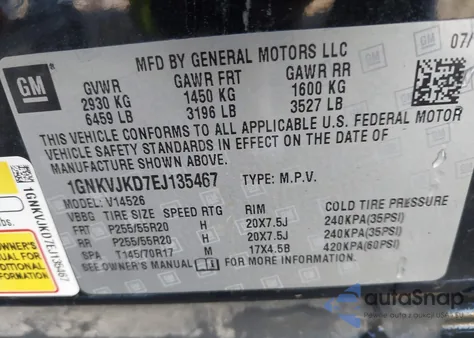 2014 Chevrolet Traverse Ltz from USA, damaged, VIN 1GNKVJKD7EJ135467